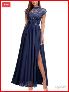 Elegant Sequin Lace Contrast Chiffon Split Style Evening Party Maxi Dress